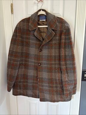 Pendleton Brown & Orange Plaid Wool Pea Coat